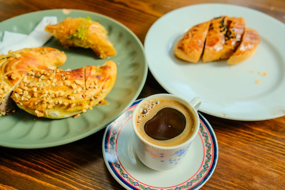 traditional Greek breakfast with bread and coffee
